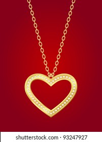 Necklace with golden heart and brilliants on a red background