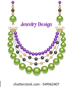 Necklace of green, black and purple fashion beads on white background.