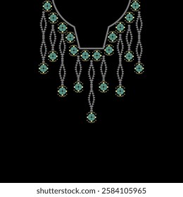 Necklace with green precious stones. Vector illustration on black background. Design for shirt pattern, collar, neckline, and bead decoration.