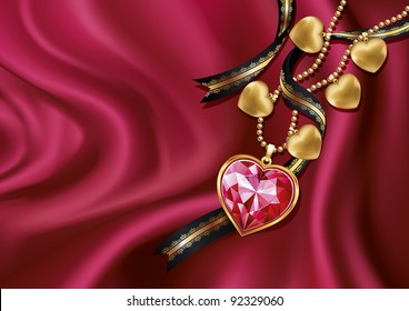 Necklace heart on red silk. Vector illustration.