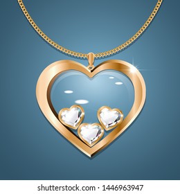 
Necklace with heart pendant on a gold chain. With three heart-shaped diamonds in gold. Decoration for women. Isolated. On a dark background. Vector illustration.