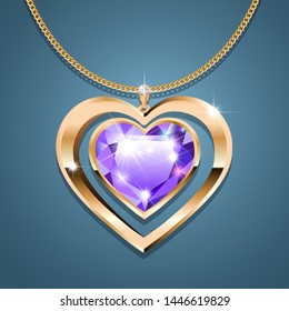 Necklace with heart-shaped pendant on a gold chain. With a gemstone of purple color in gold setting. Decoration for women. Isolated. On a dark background. Vector illustration