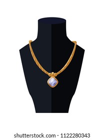 Necklace with huge sapphire, golden female accessory isolated on white background vector illustration of pretty wealth chain, stylish expensive chaplet