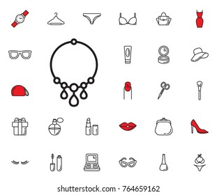 Necklace icon. Beauty, Cosmetic, Shopping and Makeup Vector Icons Set . Cosmetic products, makeup brushes, lipstick, perfume, eye makeup. Women accessories. Fashion icons