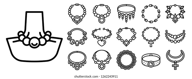 Necklace icon set. Outline set of necklace vector icons for web design isolated on white background