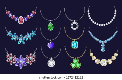 Necklace icon set. Realistic set of necklace vector icons for web design isolated on black background