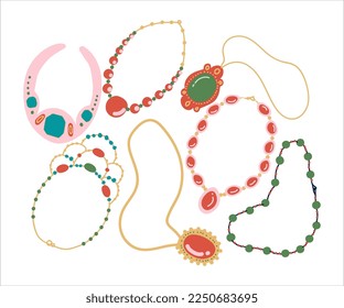 Necklace as Jewellery Worn Around Neck with Chain and Gemstones Vector Set