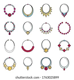 Necklace jewelry icon set. Outline set of necklace jewelry vector icons thin line color flat isolated on white