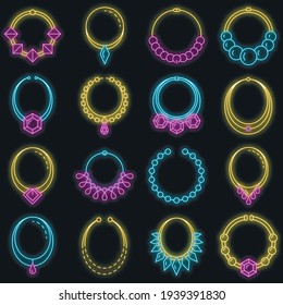 Necklace jewelry icon set. Outline set of necklace jewelry vector icons neon color on black