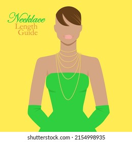 Necklace length guidance vector illustration, beautiful black woman in golden chains accesory in party dress chat design