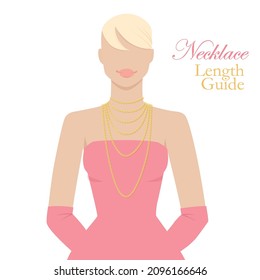 Necklace length guide vector illustration, beautiful blonde woman in golden chains accesory in pink coctail dress chat design