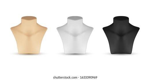 Necklace Mannequin Stand Set For Jewelry. Blank 3d Mockup. Realistic Vector Illustration Isolated On White Background 