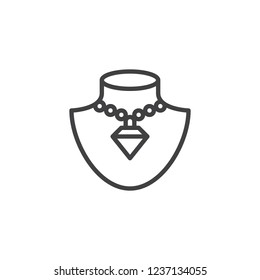 Necklace on mannequin outline icon. linear style sign for mobile concept and web design. Mannequin jewelry stand simple line vector icon. Symbol, logo illustration. Pixel perfect vector graphics