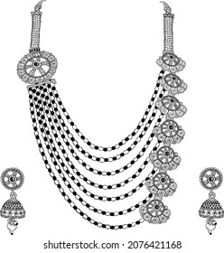 Collar y un par de pendientes aislados en el diseño de la ilustración del vector de fondo blanco. Hermoso collar de joyas en blanco y negro con pendientes. blanco y negro 
