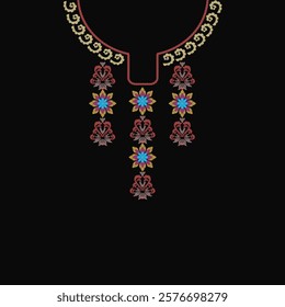 Necklace with a pattern in the style of baroque. Ikat embroidery necklace design for shirts and tops.