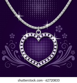 Necklace with platinum heart and brilliants on abstract floral  background