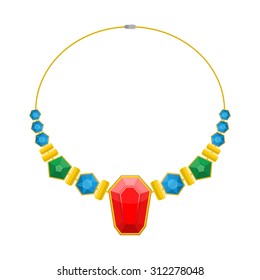 Necklace of precious stones. Beautiful rich jewelry. Luxurious beads vector illustration. Colored gemstones
