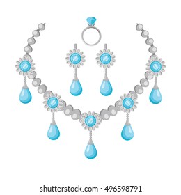 Necklace of precious stones vector in flat design. Beautiful jewelry, with gems. Romantic gift on anniversary. Illustration for jewelry store advertising. Isolated on white background.