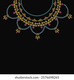 Necklace with precious stones. Vector illustration on black background. Ikat embroidery necklace design for shirts and tops.