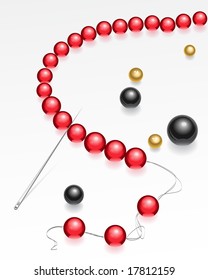 a necklace from red glass transparent beads lies on a light background