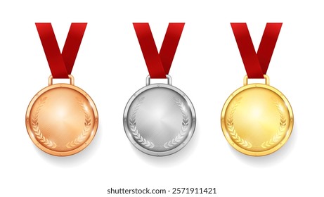 Necklace ribbon with medal, isolated realistic medallions for winners. Vector first, second and third places in competition or challenge. Gold, silver and bronze coins with laurel leaves