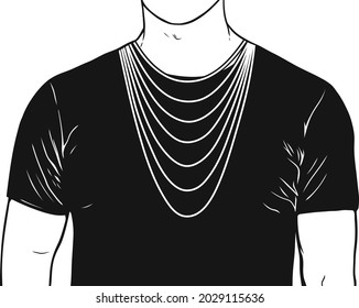 Necklace size chart with a silhouette of a man. Demonstration of long necklaces.