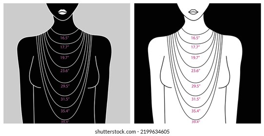 Necklace size chart with a silhouette of a woman. How to measure your necklace. sellers and buyers guide.  jewelry shop business presentation and advertisement, designer.