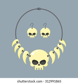 Necklace of skull and tusks. Beads, Aboriginal cannibals and barbarians. Vector illustration terrible piece of jewelry. Head of  skeleton and teeth of animals on  rope.