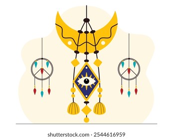 Necklace with a very unique design and full of symbolism, a crescent moon shape made of gold, decorated with bright colored beads and dream charms, gypsy vector illustration.