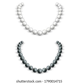 Necklace of white and black pearls on a female neck, 3d vector realistic mockup of a jewel, female accessory isolated on white background