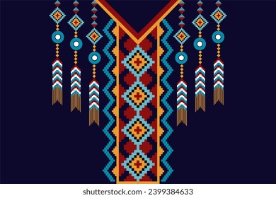 Neckline aztec style abstract vector illustration on dark blue background.ethnic pattern traditional design for texture,fabric,fashion women