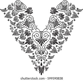 Neckline black and white collar openwork embroidery pattern floral textile fashion ornament on white background vector