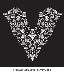 Neckline black and white collar openwork embroidery pattern floral textile fashion ornament on black background vector