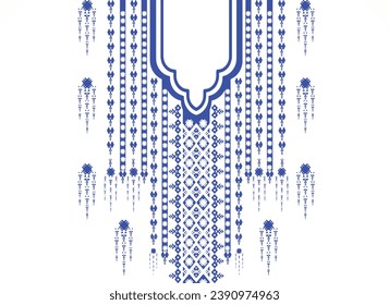 Neckline blue floral embroidery pattern blouse neckline geometric pattern Traditional on abstract vector background, Aztec style, design for fabric texture, women fashion wear, print decoration.