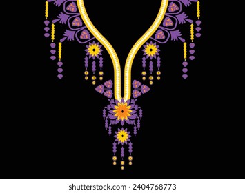 Neckline, collar pattern, floral, embroidery, traditional geometric pattern on background, abstract vector, aztec style, design for fabric surface, women fashion wear, print decoration.