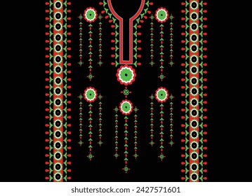 Neckline, collar pattern, flower with stripes tassels, embroidery, traditional geometric pattern on the background, abstract vector, Aztec style, design for fabric texture, Women's fashion clothing.