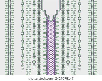 Neckline, collar pattern, purple-green flower with tassel stripes, embroidery, traditional geometric pattern on background, abstract vector, Aztec style, design for fabric texture, Women's fashion 