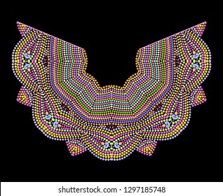 Neckline with colorful beads. Ethnic  floral folk art pattern. Vector print with decorative elements  for embroidery, for women's clothing.