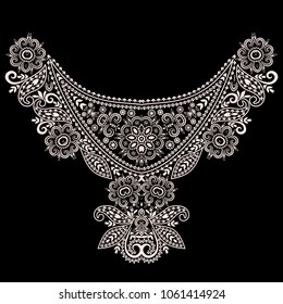 Neckline  design. Black and white ethnic  lace pattern. Vector print with paisley and  decorative elements for embroidery, for women's clothing.