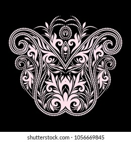 Neckline  design. Black and white floral  lace pattern. Vector print with paisley and  decorative elements for embroidery, for women's clothing.