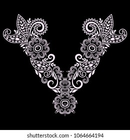 Neckline  design. Black and white floral  lace pattern. Vector print with paisley and  decorative elements for embroidery, for women's clothing.