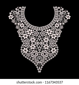 Neckline  design. Black and white floral  lace pattern. Vector print with decorative elements for embroidery, for women's clothing.