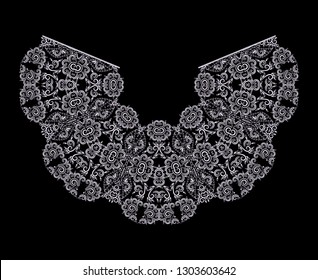 Neckline  design. Black and white floral  lace pattern. Vector print with   decorative elements for embroidery, for women's clothing.