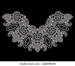 Neckline  design. Black and white floral  lace pattern. Vector print with   decorative elements for embroidery, for women's clothing.