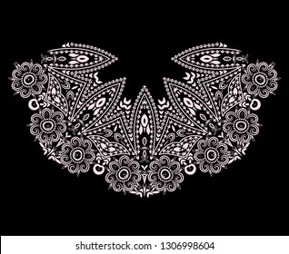 Neckline  design. Black and white floral  lace pattern. Vector print with   decorative elements for embroidery, for women's clothing.