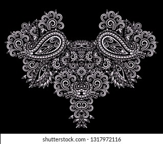 Neckline  design. Black and white floral  lace pattern with paisley and hearts. Vector print with   decorative elements for embroidery, for women's clothing.