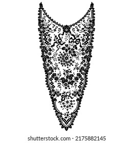 Neckline design. Black and white floral lace pattern embroidery textile leaves dots doodle ornament.