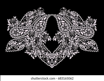 Neckline  design. Black and white floral  lace pattern. Vector print with paisley and  decorative elements for embroidery, for women's clothing.