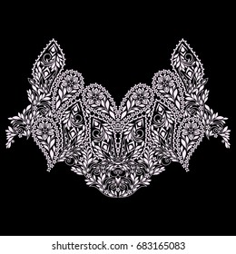 Neckline  design. Black and white floral  lace pattern. Vector print with paisley and  decorative elements for embroidery, for women's clothing.