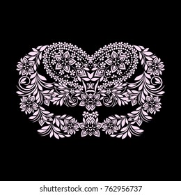 Neckline  design. Black and white floral  lace pattern. Vector print with paisley and  decorative elements for embroidery, for women's clothing.